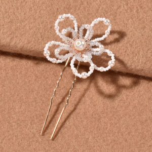 Handmade Pearl Beaded Flower Gold Hair Fork Bridal Wedding Women Hair Decor