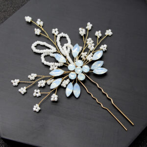Opal Crystal Beaded Gold Hair Fork Bridal Wedding Women Elegant Hair Decor