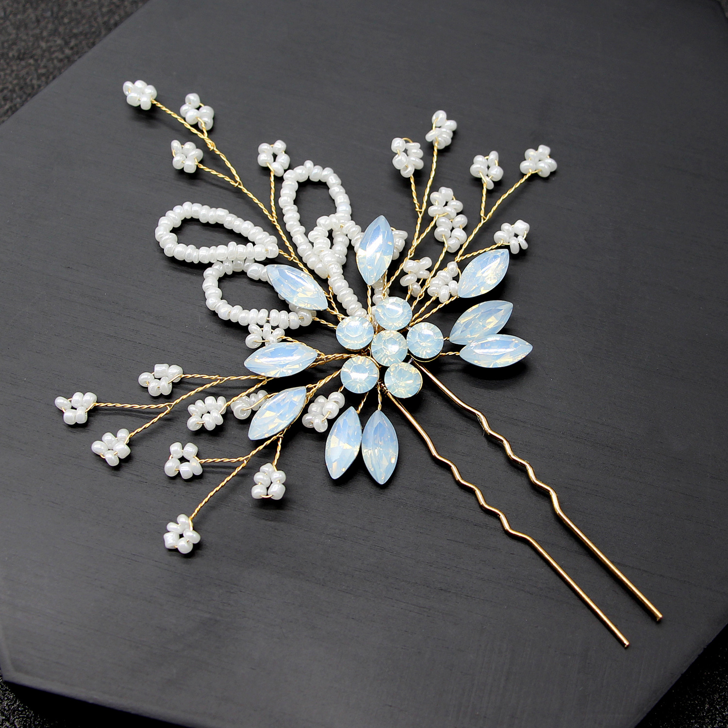 Opal Crystal Beaded Gold Hair Fork Bridal Wedding Women Elegant Hair Decor