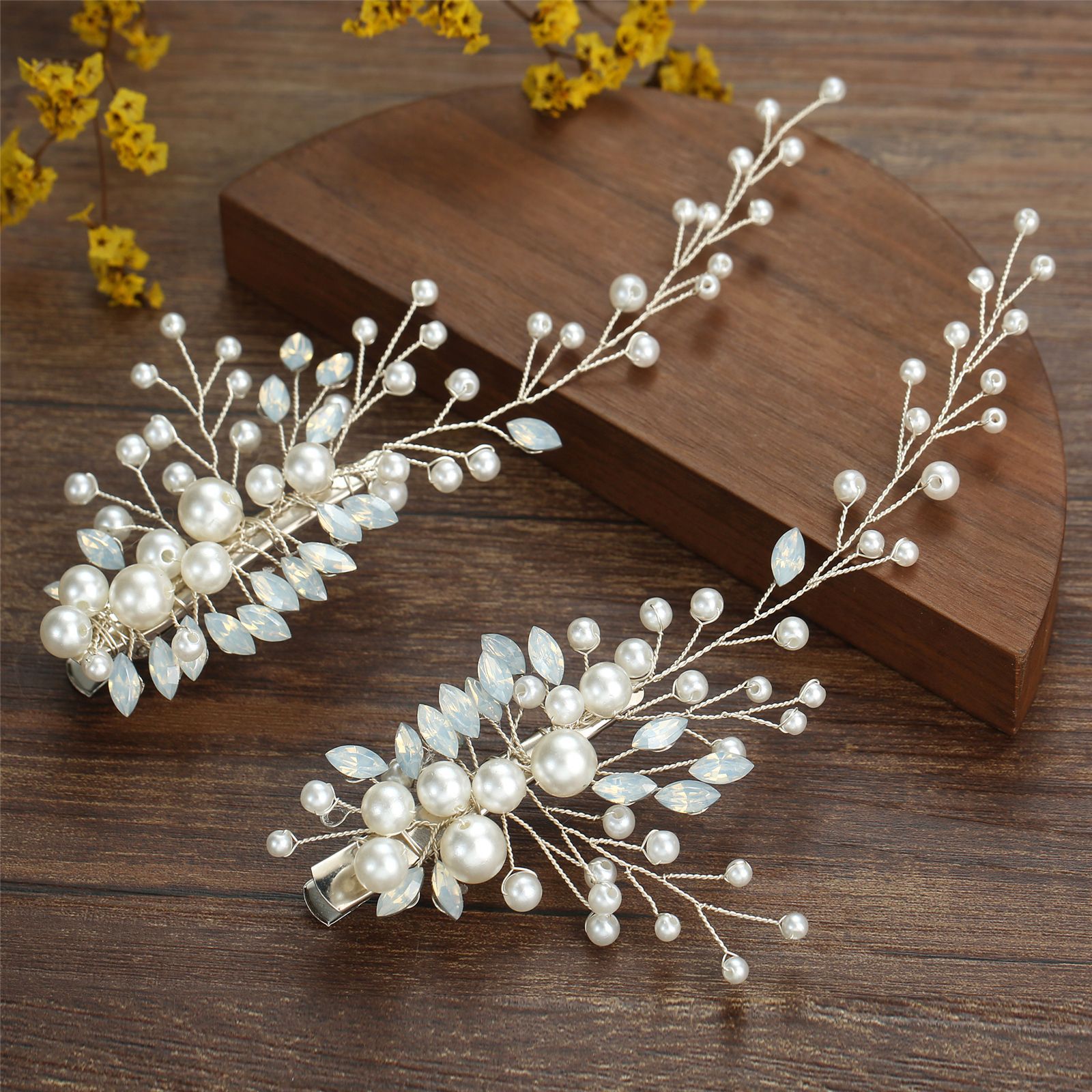 Pearl Opal Leaf Hair Clips Bridal Wedding Vine Hair Accessories for Women Styling