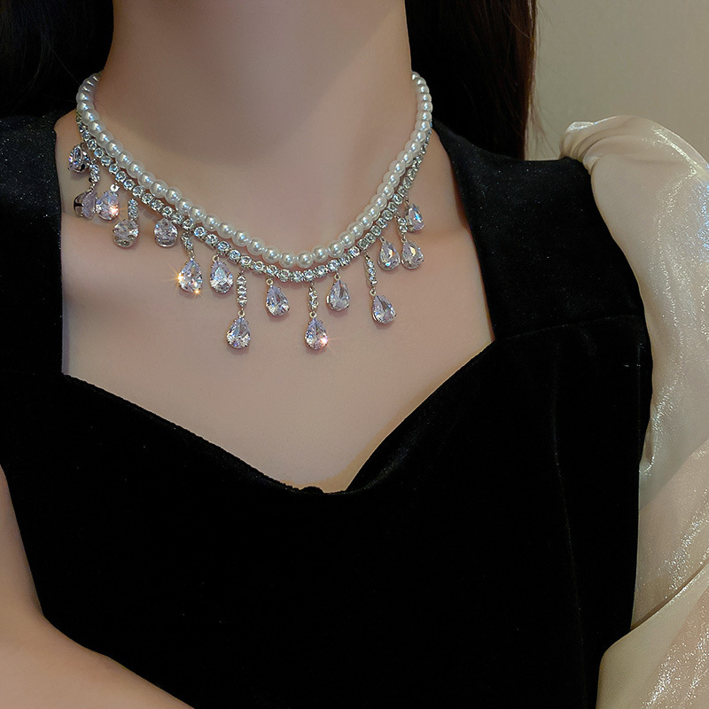 Double Layer Pearl Teardrop Rhinestone Choker Women Formal Party Necklace