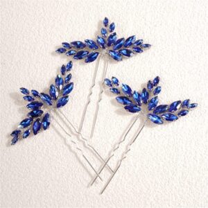 Sapphire Blue Rhinestone Leaf Hair Pins Bridal Wedding Hair Accessories for Women
