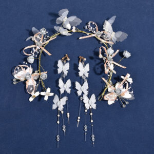Sheer Butterfly Floral Headband Earrings Set Bridal Wedding Women Hair Jewelry