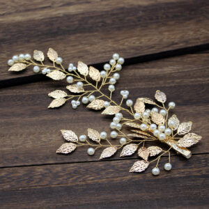 Gold Leaf Faux Pearl Hair Clips Bridal Wedding Vine Hair Accessories for Women