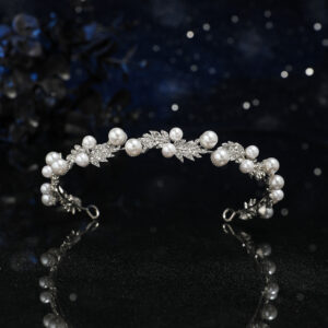 Silver Leaf Crystal Faux Pearl Headband Bridal Wedding Hair Band for Women