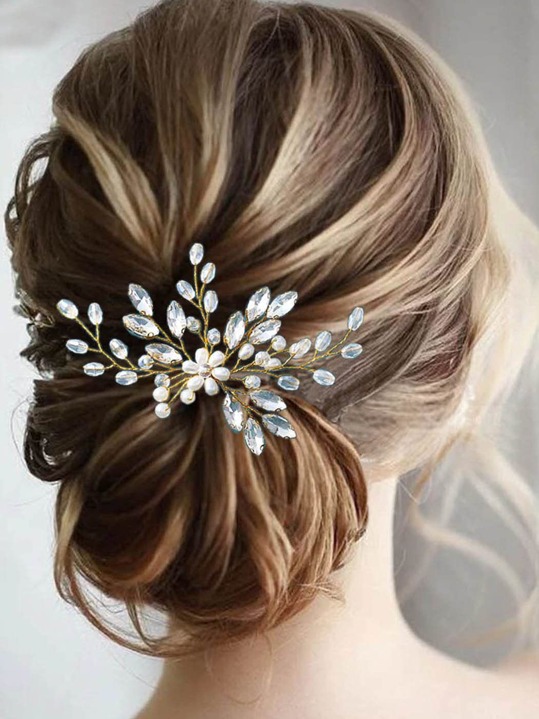 Gold Wire Crystal Pearl Floral Hair Pin Bridal Wedding Hair Accessory for Women