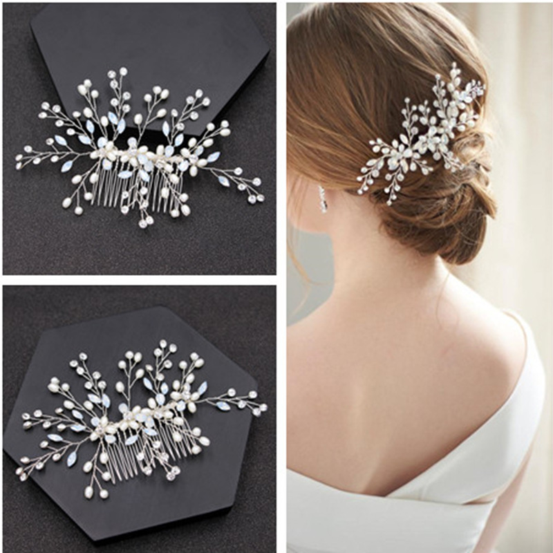 Silver Wire Pearl Crystal Branch Hair Comb Bridal Wedding Hair Accessory for Women