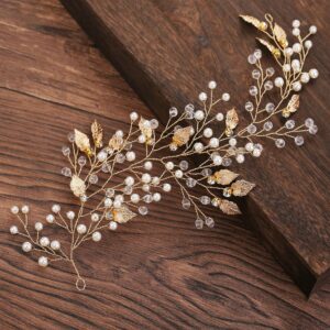 Gold Wire Pearl Crystal Leaf Branch Hair Comb Bridal Wedding Hair Accessory for Women