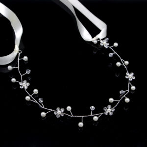 Silver Wire Pearl Crystal Flower Wedding Headband Ribbon Bridal Hair Accessory for Women
