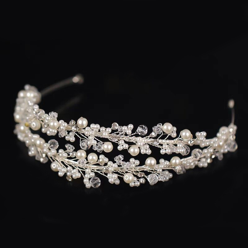 Silver Wire Pearl Crystal Handmade Headband Bridal Wedding Hair Accessory for Women