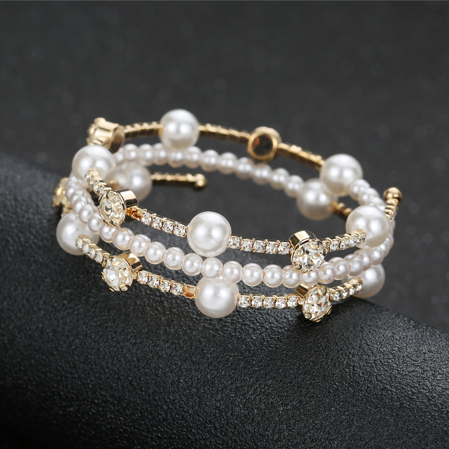 Gold Multi Layer Pearl Rhinestone Cuff Bracelet Bridal Wedding Jewelry for Women