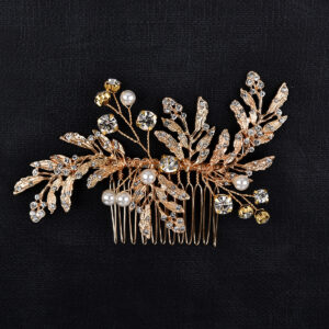 Gold Leaf Pearl Rhinestone Hair Comb Bridal Wedding Hair Accessory for Women