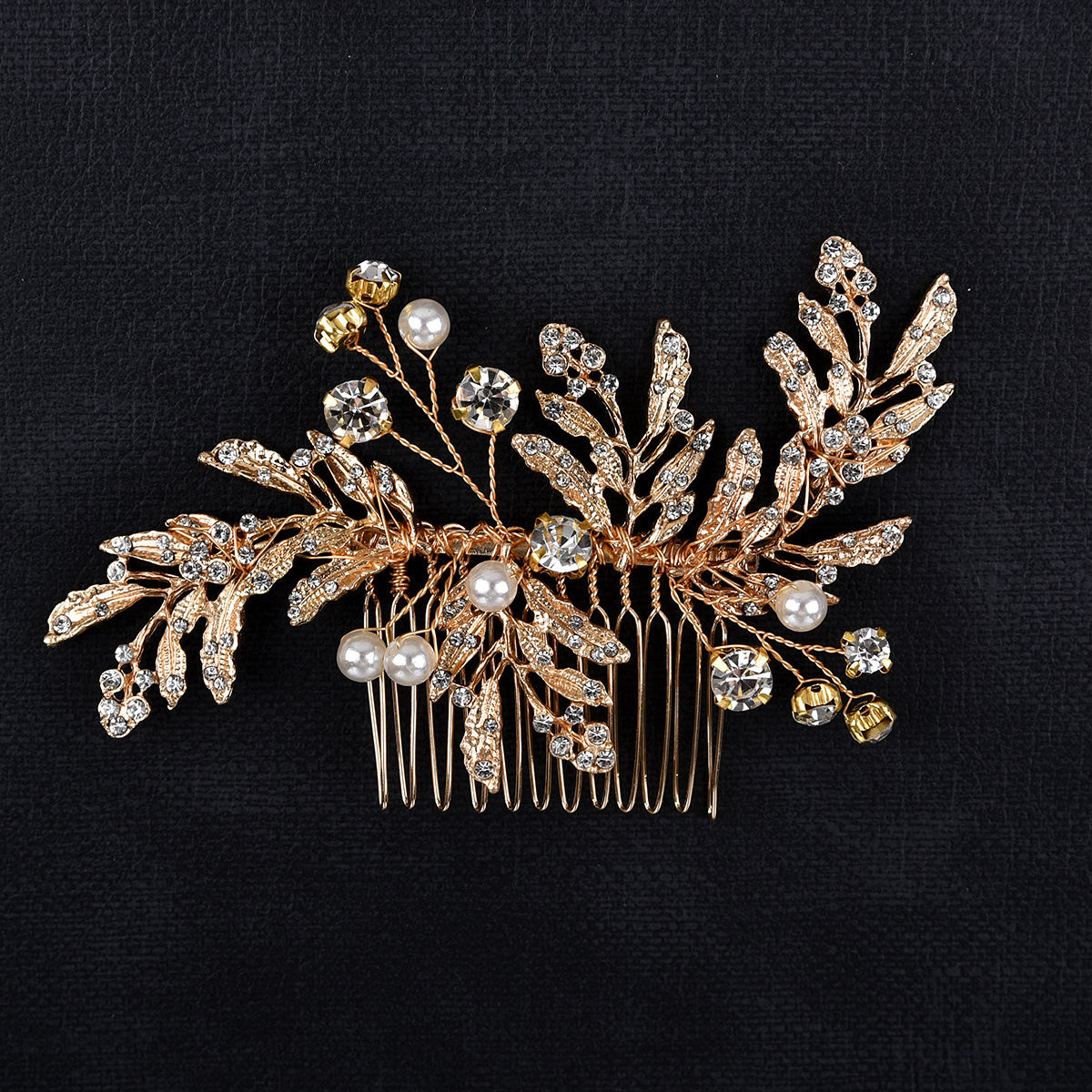 Gold Leaf Pearl Rhinestone Hair Comb Bridal Wedding Hair Accessory for Women