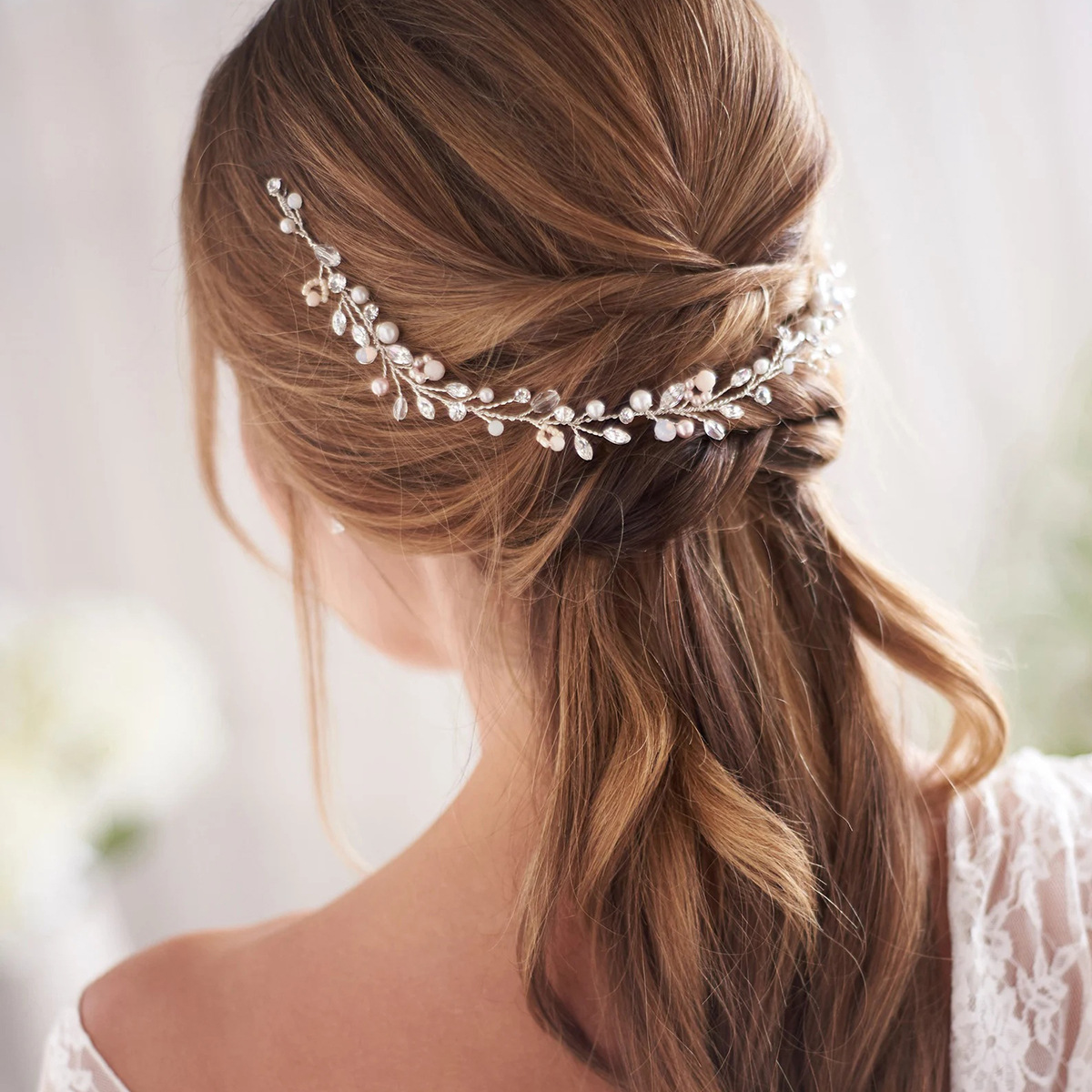Pearl Crystal Beaded Hair Vine Bridal Wedding Flexible Hair Accessory for Women