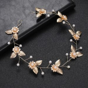 Gold Flower Leaf Pearl Flexible Hair Vine Bridal Wedding Hair Accessory for Women