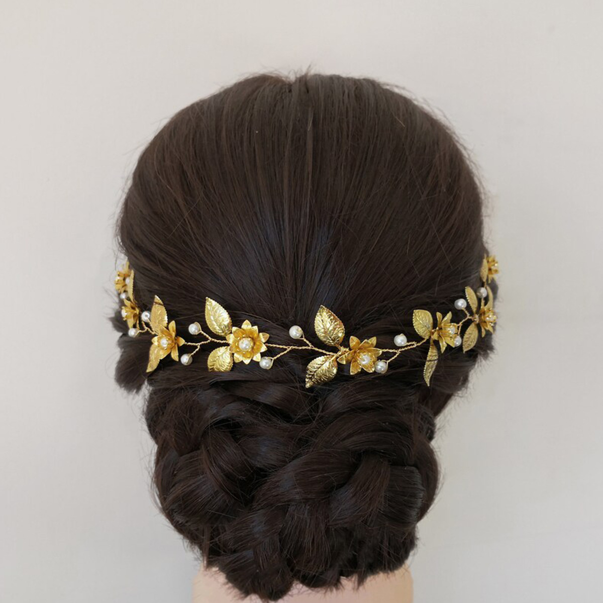 Gold Flower Leaf Pearl Flexible Hair Vine Bridal Wedding Hair Accessory for Women - Image 2