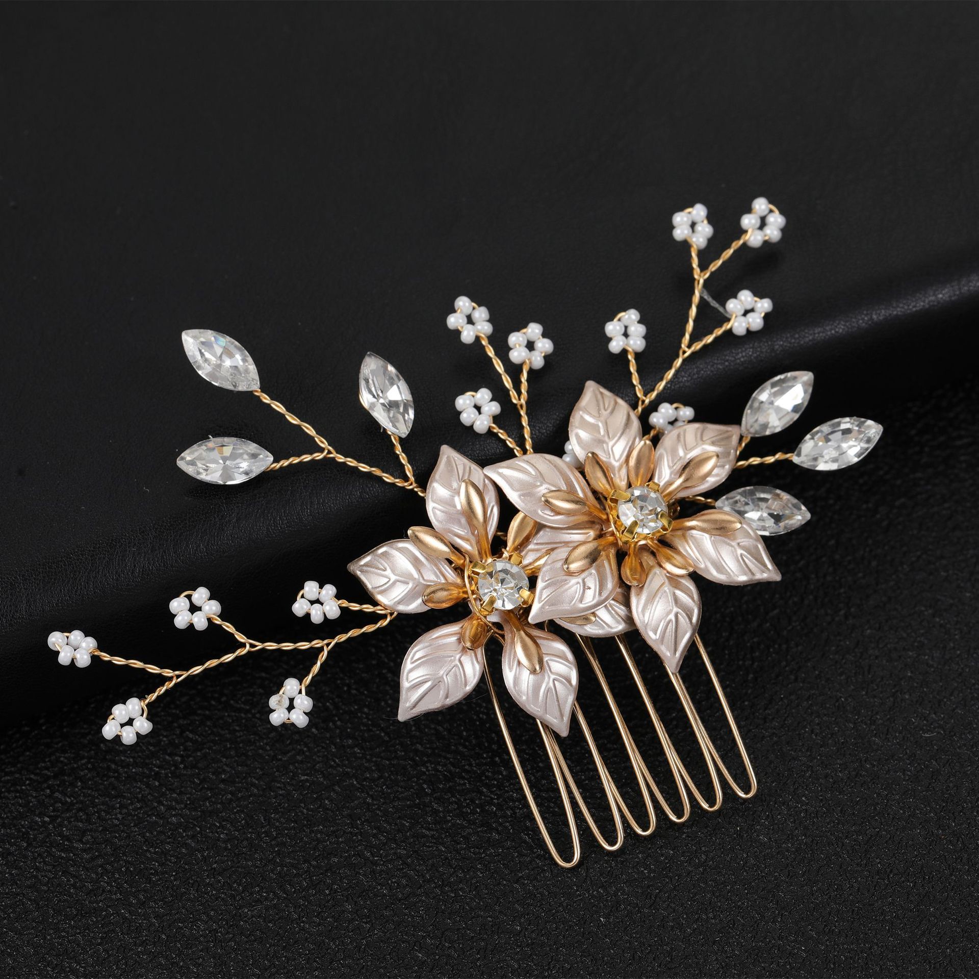 Gold Flower Crystal Pearl Hair Comb Bridal Wedding Hair Accessory for Women - Image 2