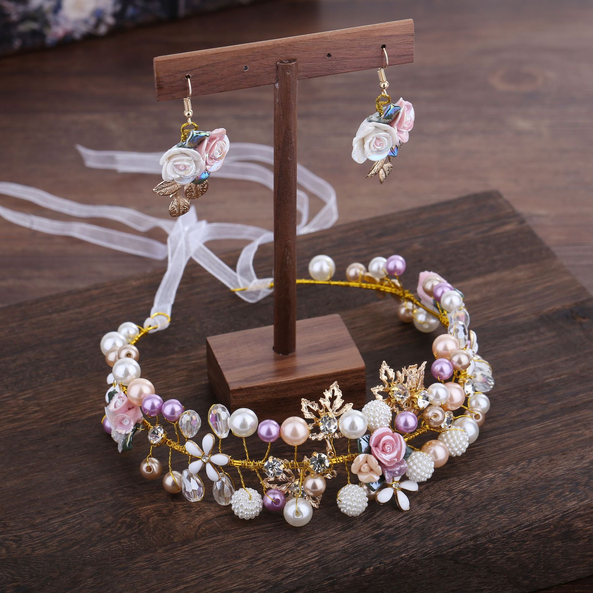 Gold Floral Pearl Crystal Bridal Headband with Matching Drop Earrings Set - Image 2