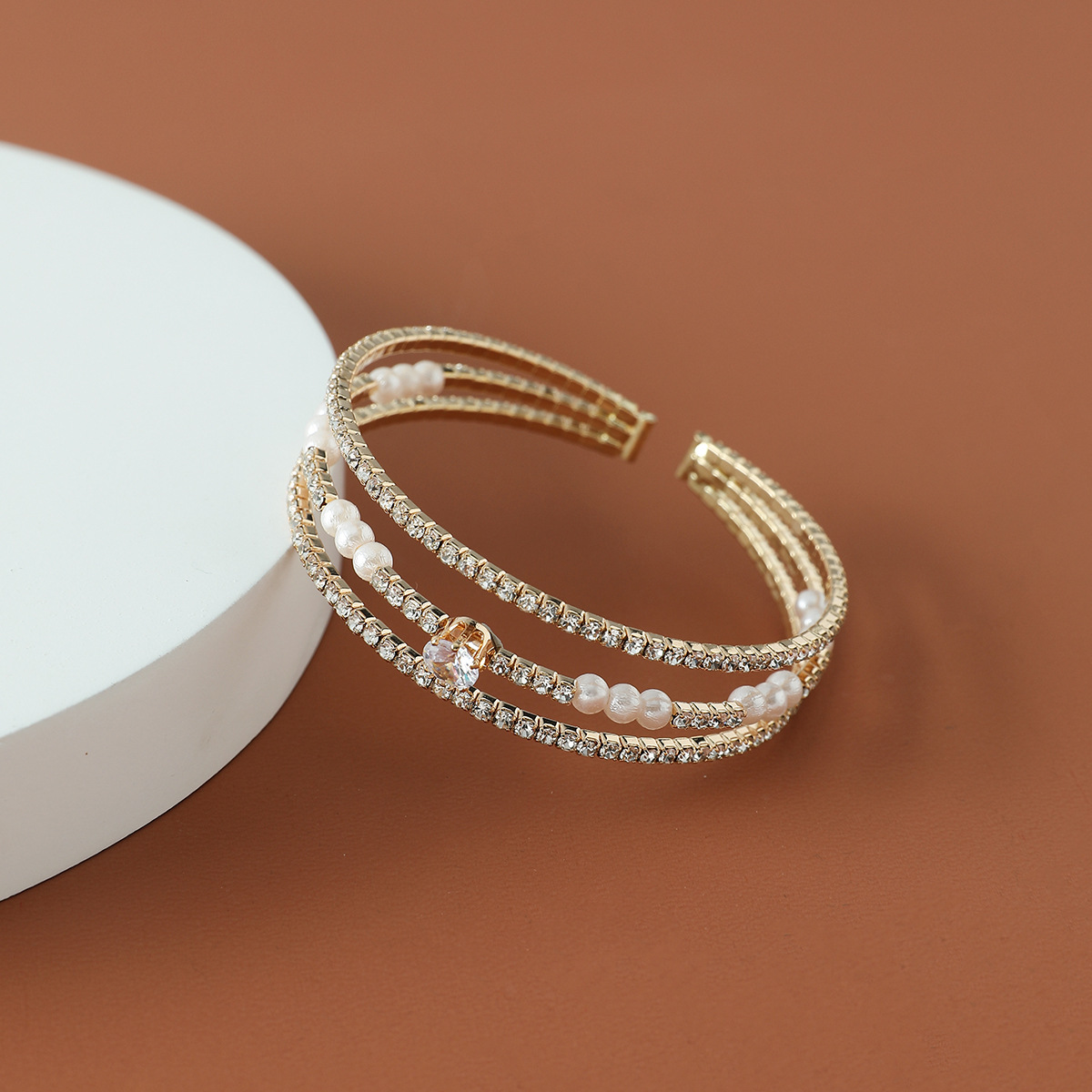 Elegant Gold Multi Layer Pearl Crystal Bangle Women Wedding Party Stackable Fashion Bracelet Daily Jewelry - Image 2