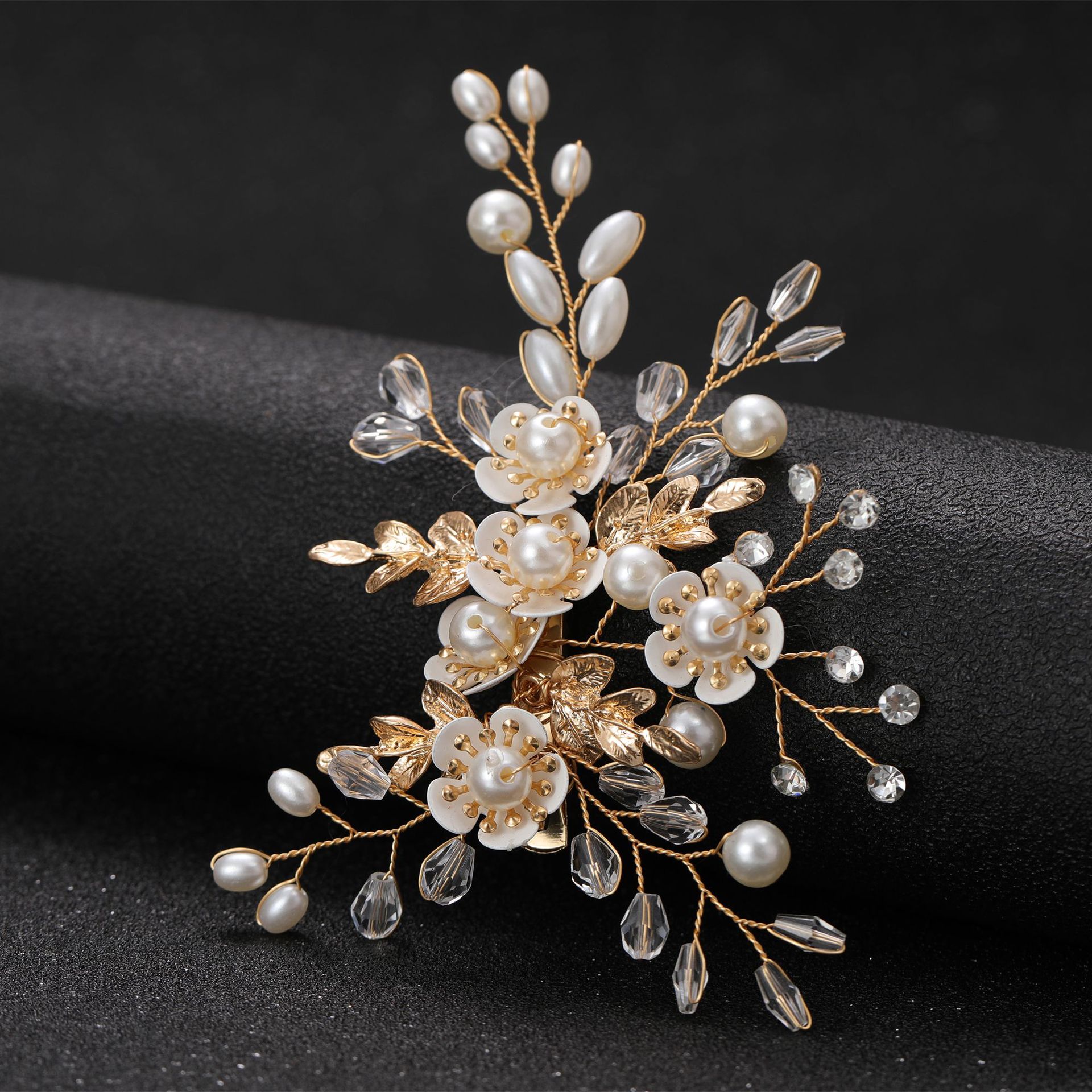 Handmade Gold Floral Pearl Crystal Bridal Hair Clip Elegant Wedding Hair Accessory For Bride Events - Image 2