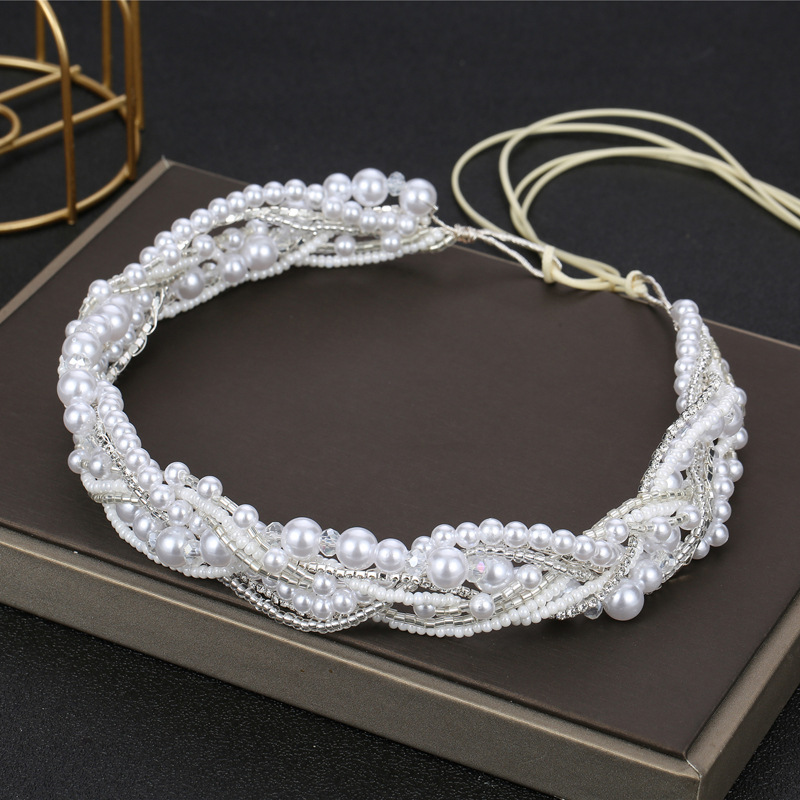Handmade Multi Strand Pearl Crystal Bridal Headband With White Organza Ribbon Wedding Party Women Accessory - Image 2