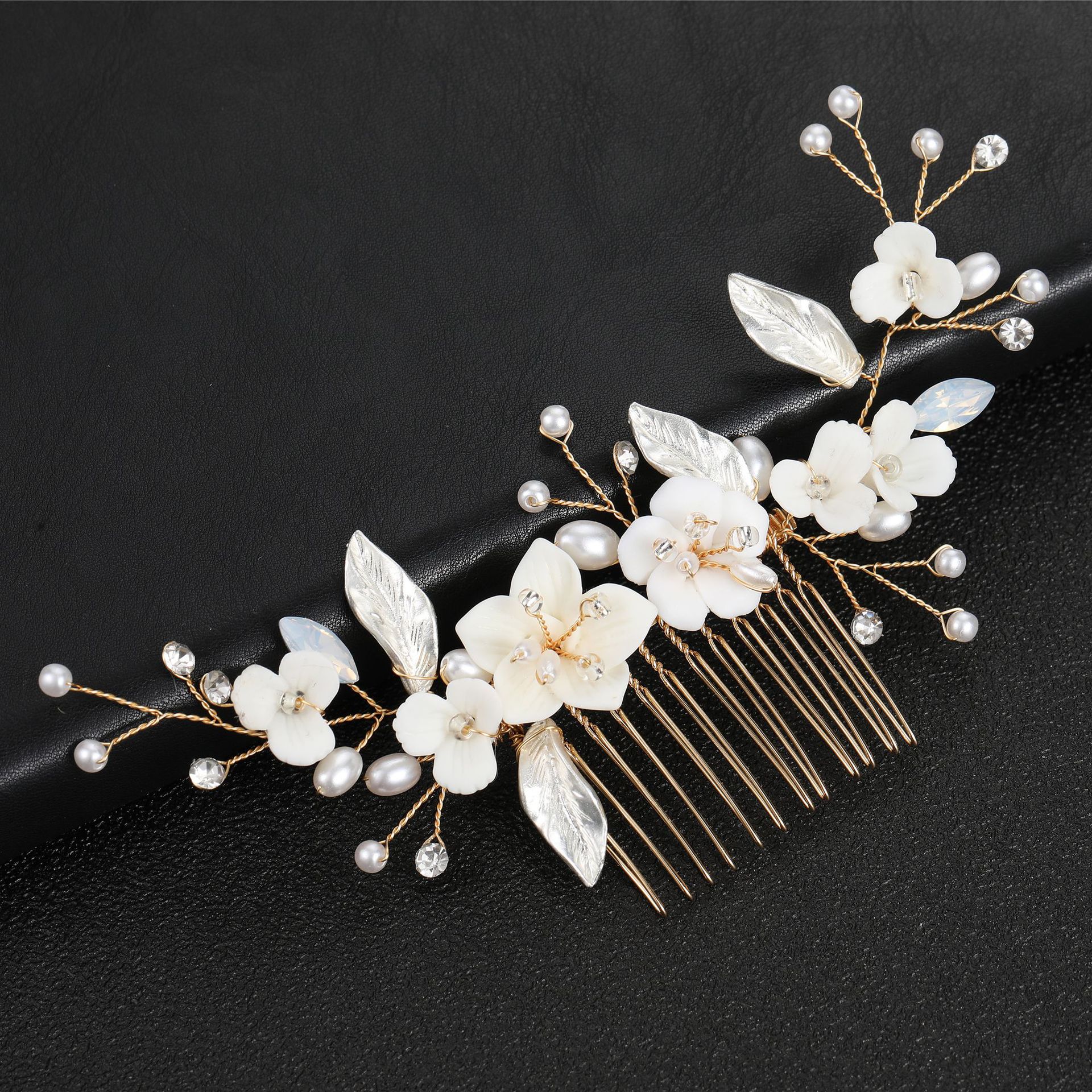 Handmade Gold Ceramic Flower Pearl Crystal Bridal Hair Comb Wedding Vine Women Formal Hair Accessory - Image 2