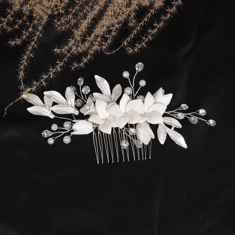 Handmade Gold Leaf White Ceramic Flower Pearl Crystal Bridal Hair Comb Wedding Women Formal Accessory - Image 2