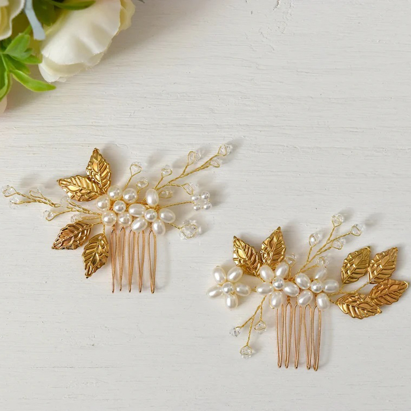Gold Leaf Pearl Floral Bridal Hair Comb Wedding Women Formal Evening Party Handmade Hair Accessory - Image 2