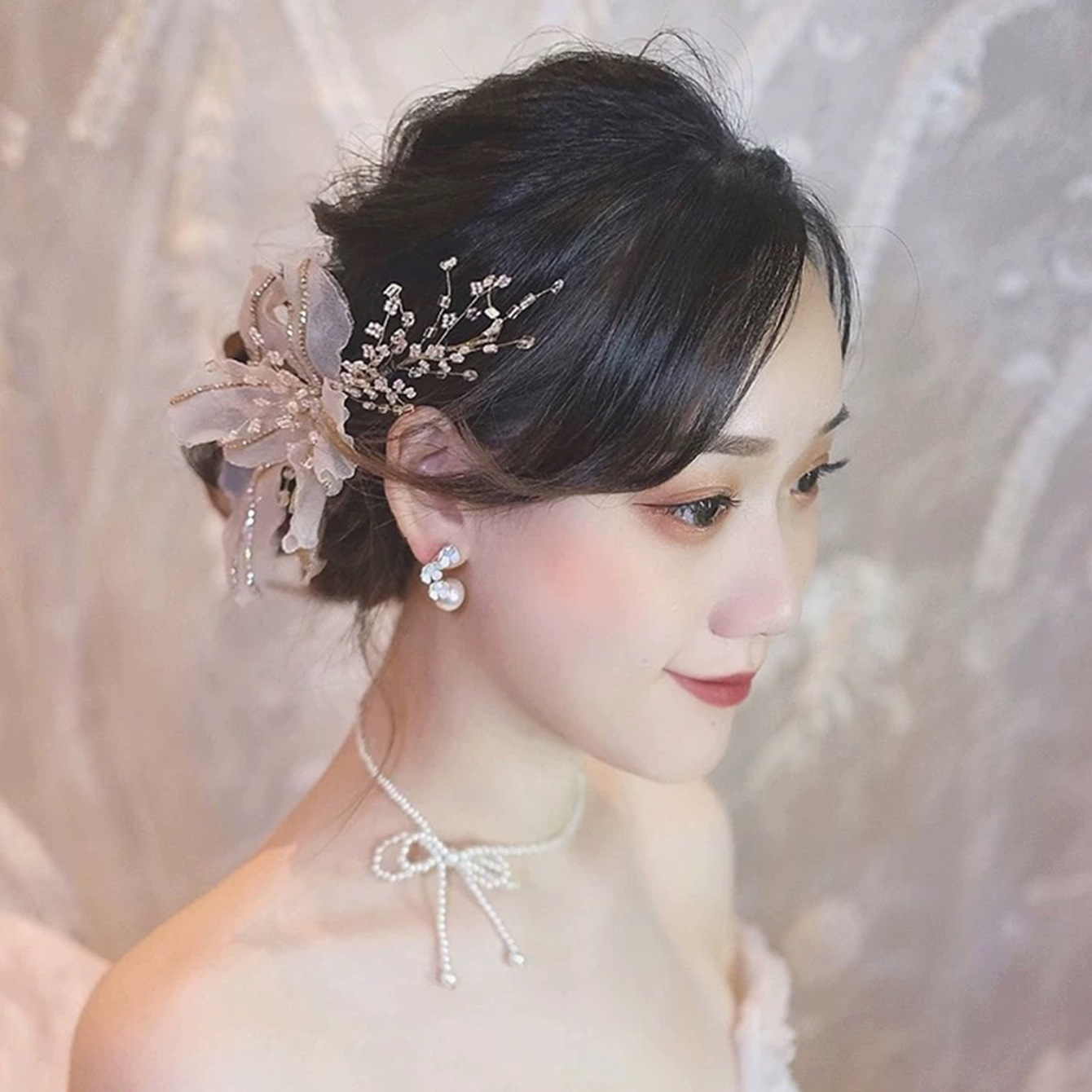 Sheer Fabric Flower Pearl Bridal Hair Clip Wedding Women Formal Boho Handmade Floral Hair Accessory - Image 2