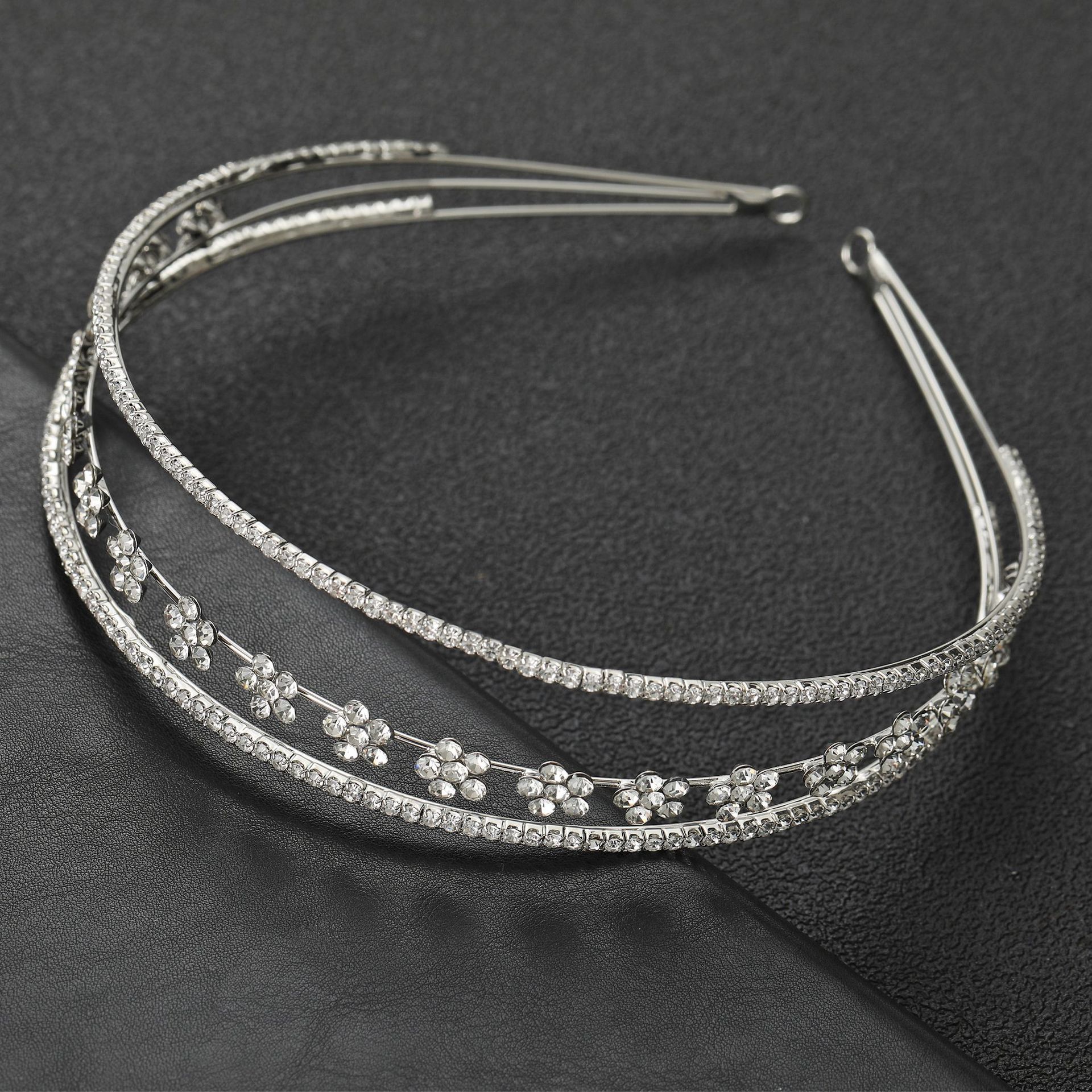 Silver Double Band Rhinestone Flower Bridal Headband Wedding Women Delicate Sparkly Thin Formal Party Tiara - Image 2