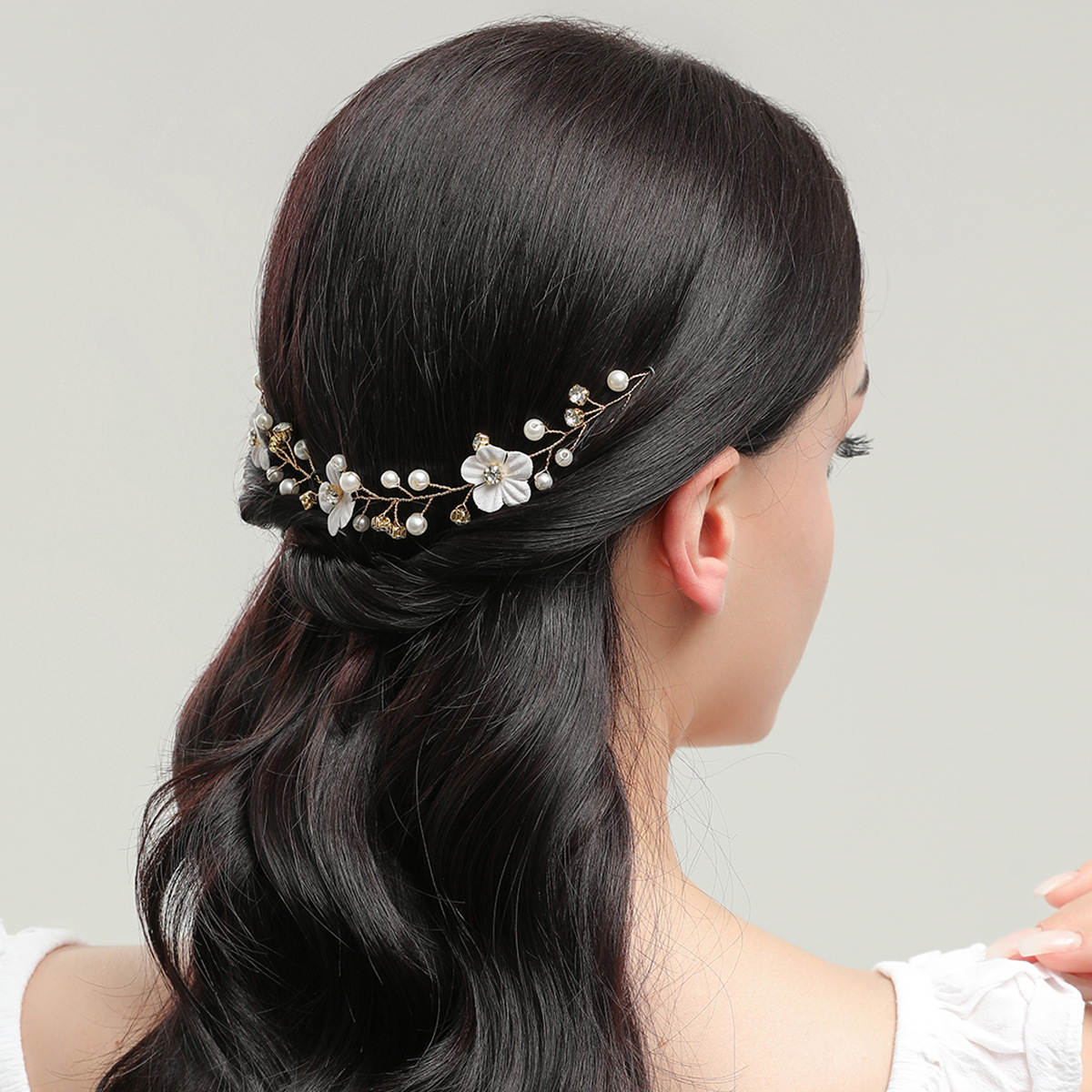 Gold White Flower Pearl Crystal Bridal Hair Vine Wedding Women Delicate Handmade Side Formal Headpiece - Image 2