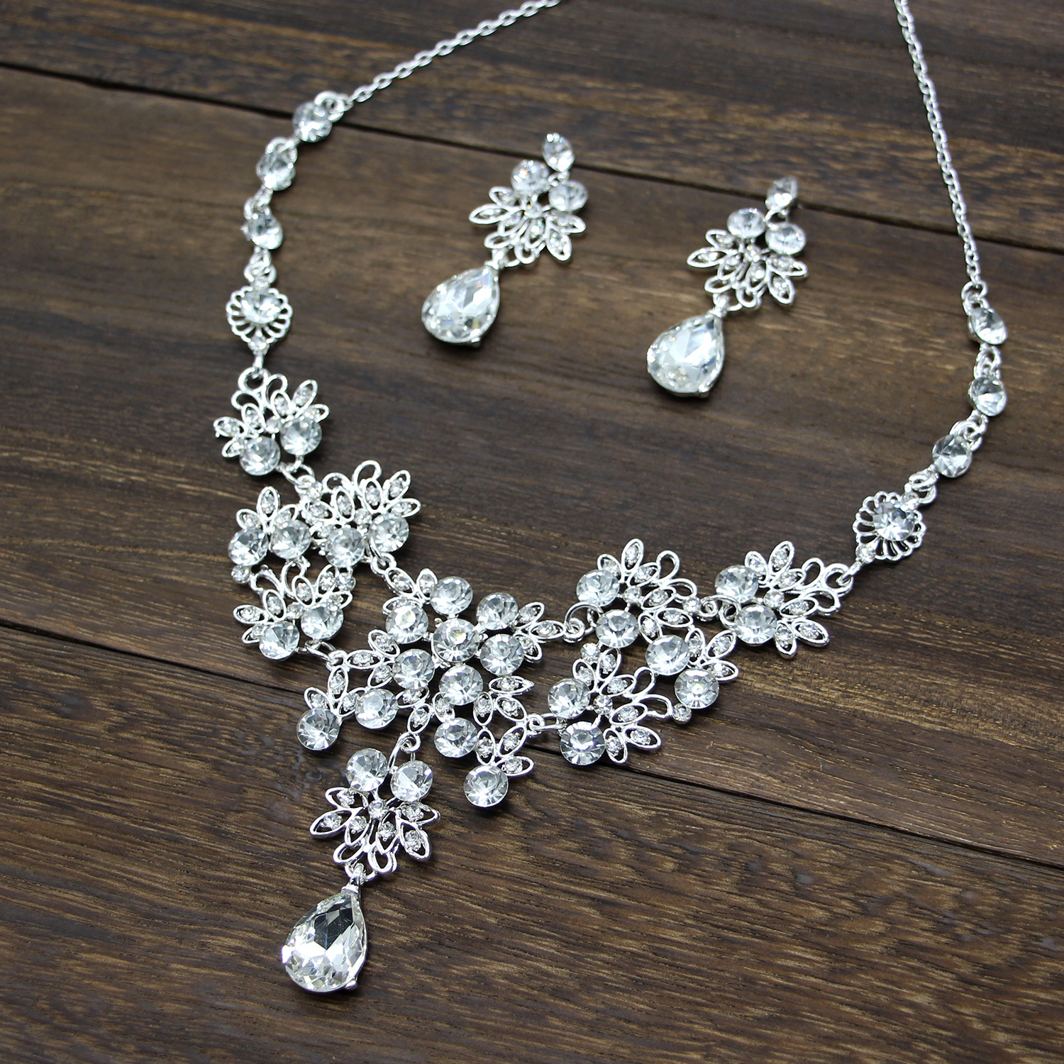 Silver Blue Teardrop Rhinestone Floral Necklace Earring Set Women Formal Wedding Banquet Sparkling Statement Jewelry - Image 2