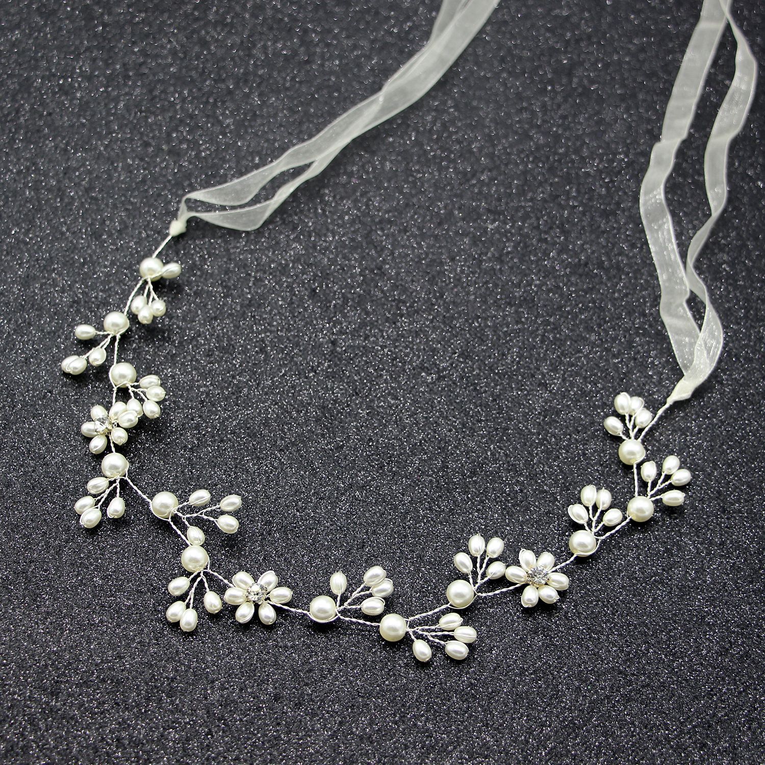 Handmade Pearl Floral Bridal Ribbon Headband with Crystal Accents for Wedding Party Elegant Hair Decor - Image 2