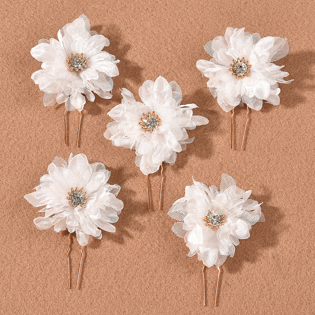 White Chiffon Flower Crystal Hair Pins Set for Bridal Wedding Party Elegant Updo Hair Decor - Image 2