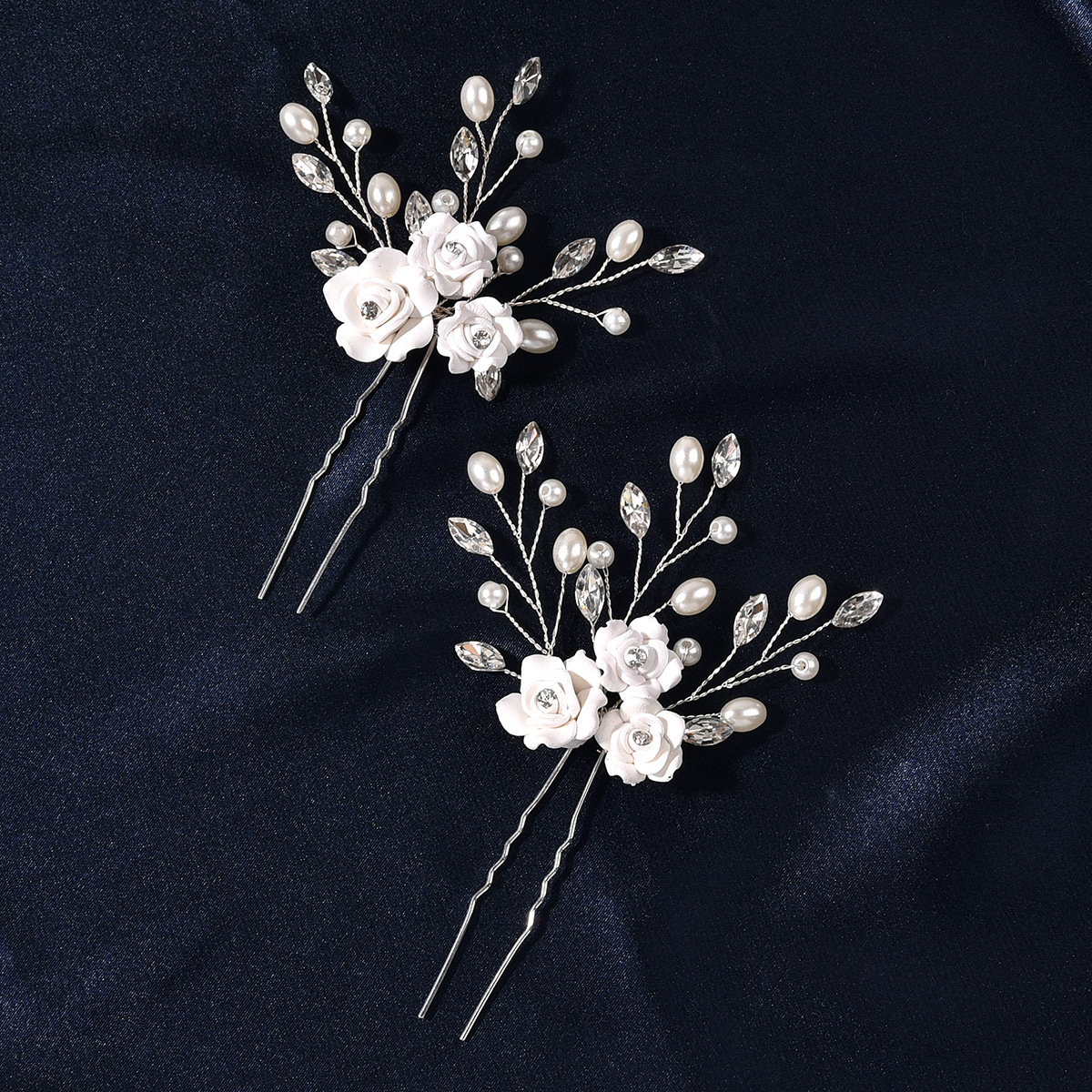 White Clay Flower Pearl Crystal Bridal Hair Pins Set for Wedding Party Elegant Updo Decor - Image 2