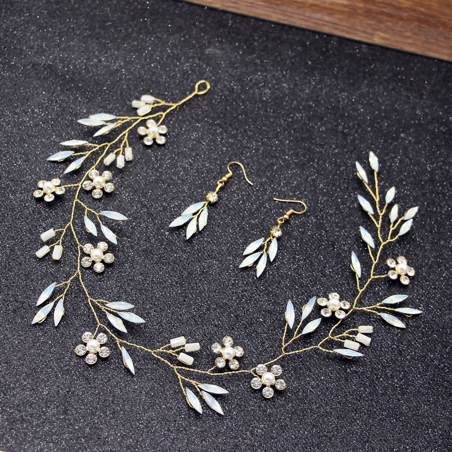 Gold Wire Leaf Pearl Bridal Headpiece Matching Drop Earrings Jewelry Set for Wedding Elegant Styling - Image 2