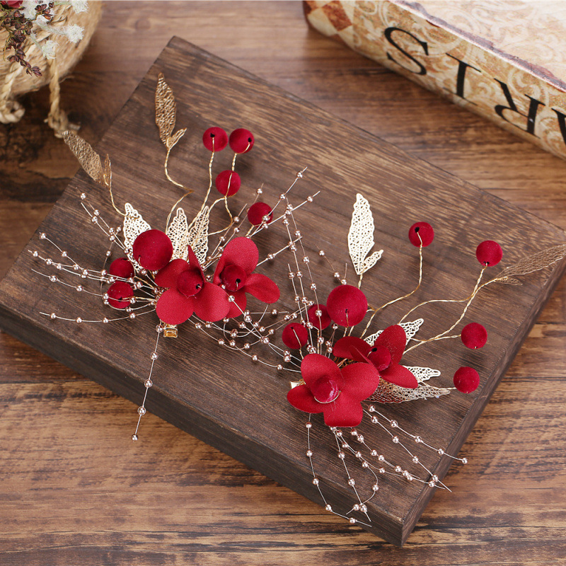 Red Fabric Flower Gold Leaf Tassel Bridal Headpiece Wedding Chinese Style Elegant Banquet Hair Crown - Image 2
