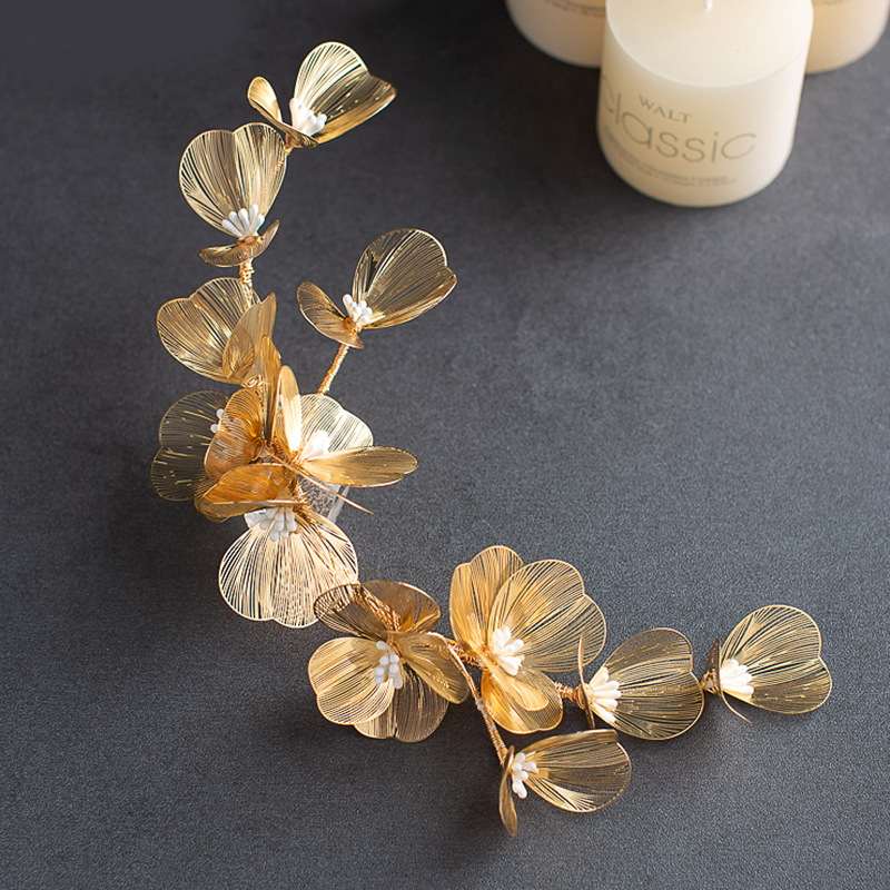 Handmade Gold Wire Floral Bridal Headpiece with Matching Clip Earrings Set for Wedding Elegant Styling - Image 2
