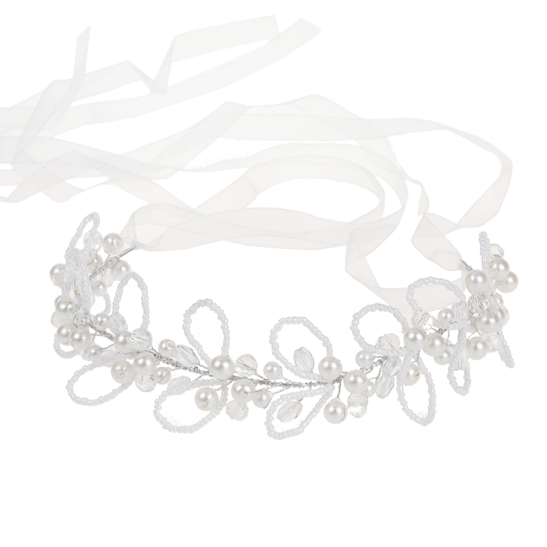 Handmade Pearl Beaded Flower Bridal Headband With Sheer Ribbon Elegant Wedding Party Women Hair Accessory - Image 2