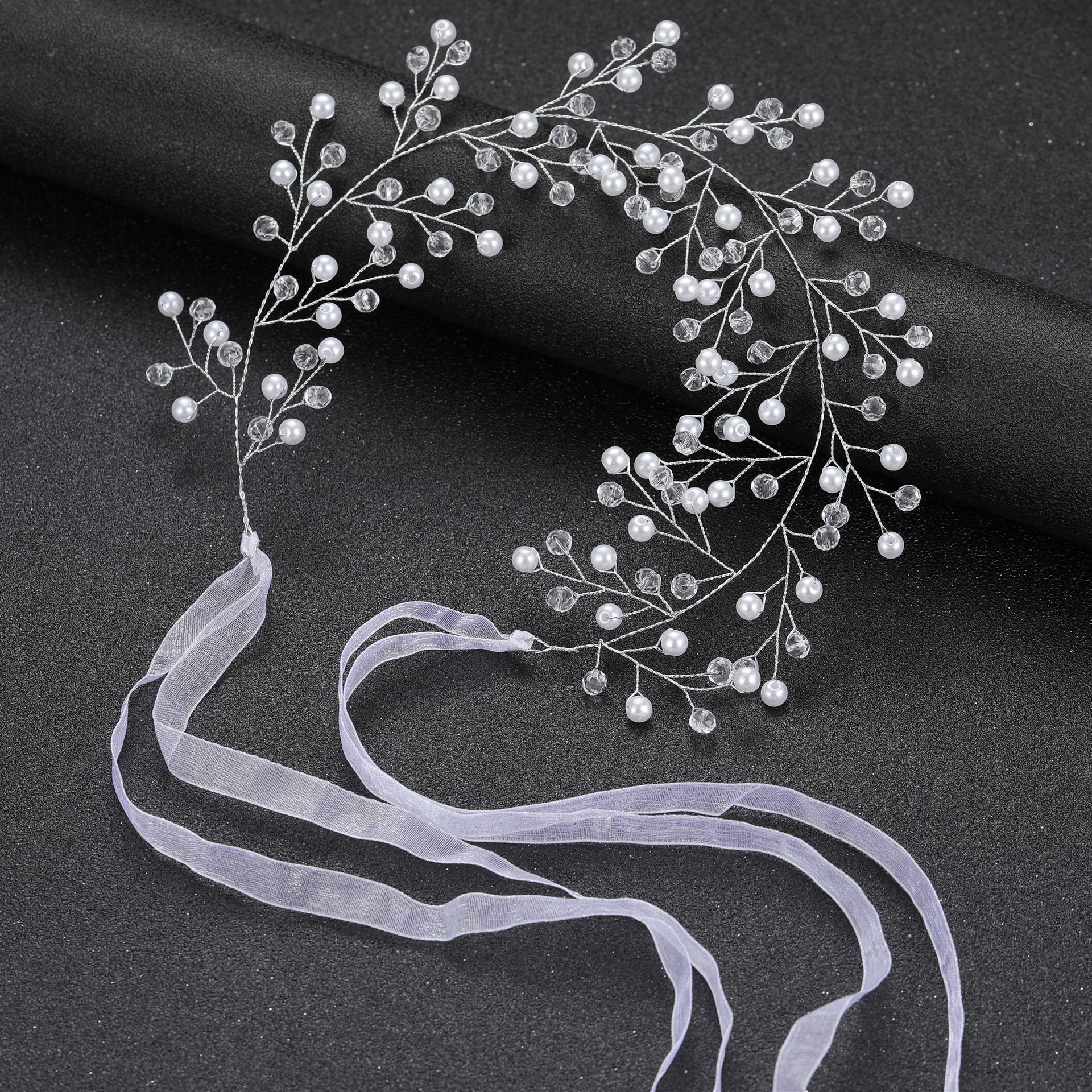 Handmade Pearl Crystal Vine Bridal Headband With Lavender Organza Ribbon Elegant Wedding Party Hair Accessory - Image 2