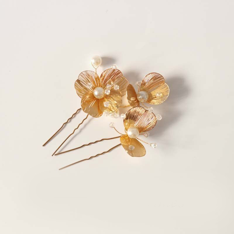 Handmade Gold Metal Flower Pearl Crystal Bridal U Hair Pins Elegant Wedding Party Hair Accessory - Image 2
