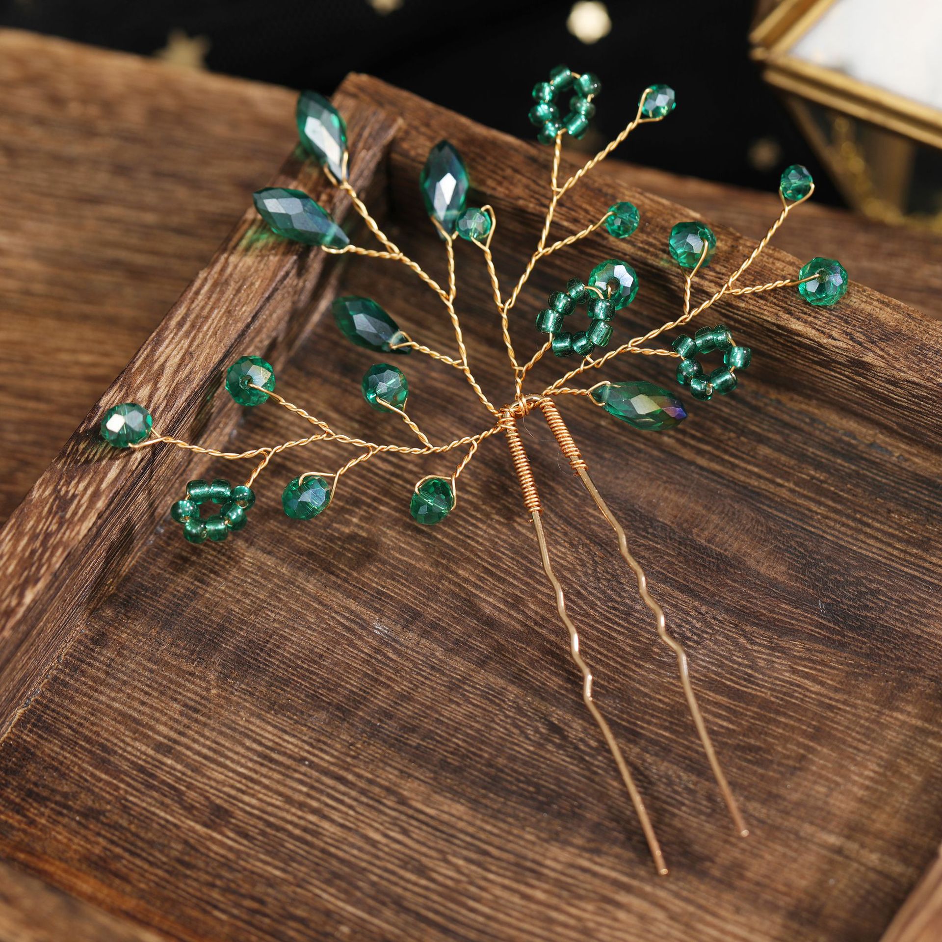 Handmade Gold Wire Green Crystal Bridal U Hair Pin Elegant Wedding Party Women Hair Accessory - Image 2