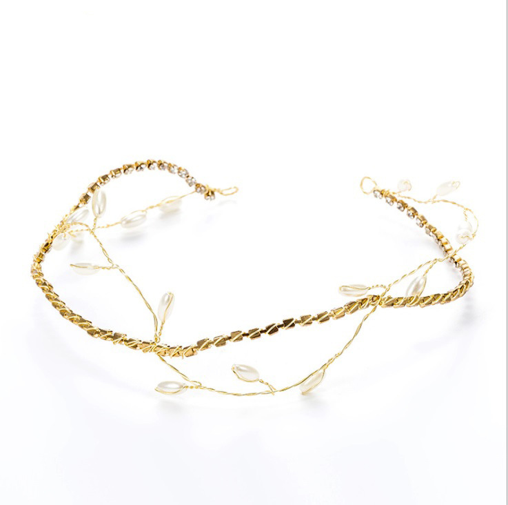 Gold Rhinestone Pearl Satin Ribbon Bridal Headband Delicate Wedding Party Women Boho Thin Hair Accessory - Image 2