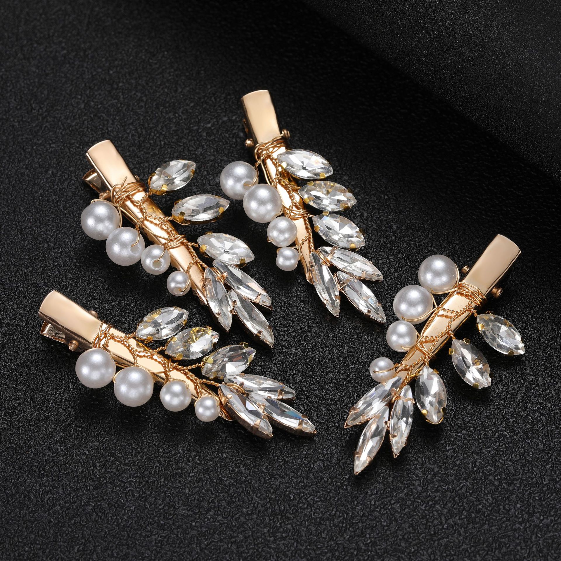 Gold Leaf Rhinestone Pearl Bridal Hair Clip Set Elegant Wedding Party Women Side Hair Accessories - Image 2