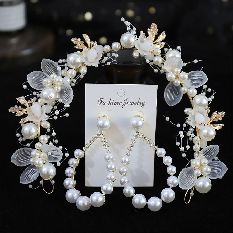 Gold Pearl Flower Bridal Headband Earrings Set Elegant Wedding Party Women Floral Ribbon Hair Accessories - Image 2