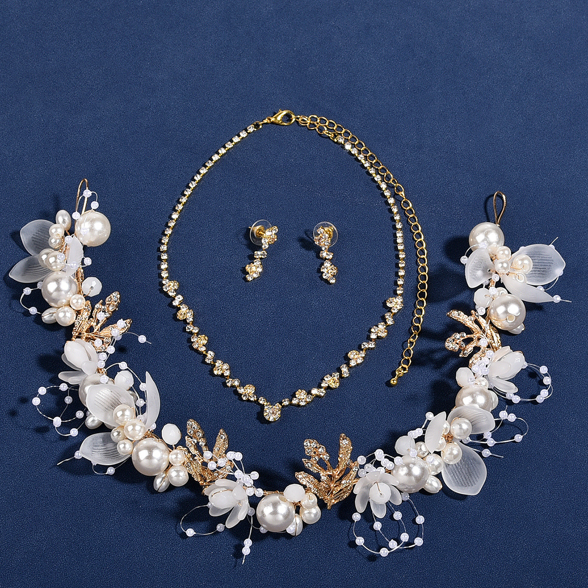 Silver Pearl Flower Bridal Headband Necklace Earrings Set Elegant Wedding Party Women Floral Bridal Accessories - Image 2