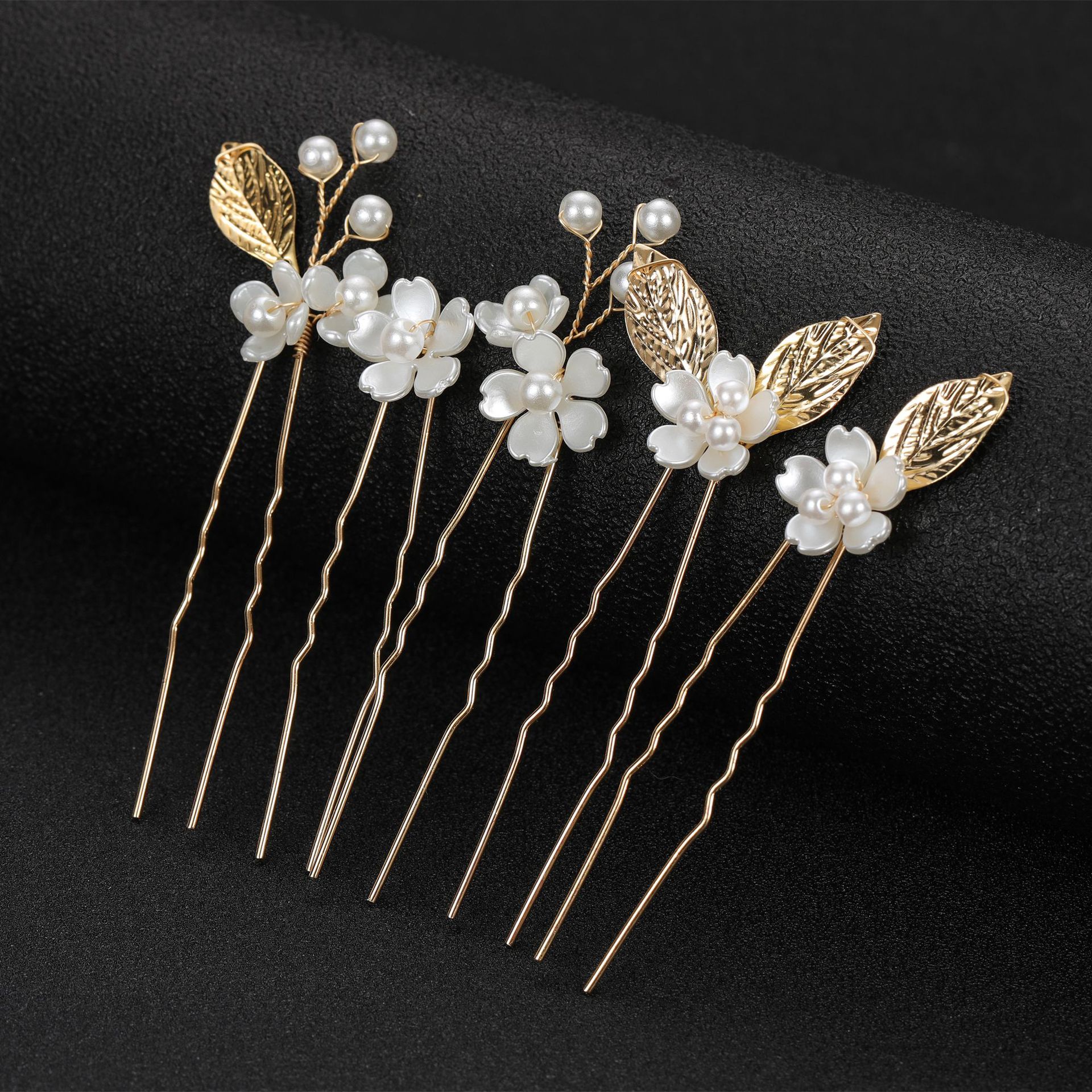 Handmade Cherry Blossom Pearl Hairpin Pack Golden Leaf Wave U Shaped Hair Sticks for Bride Updo Hairstyle - Image 2