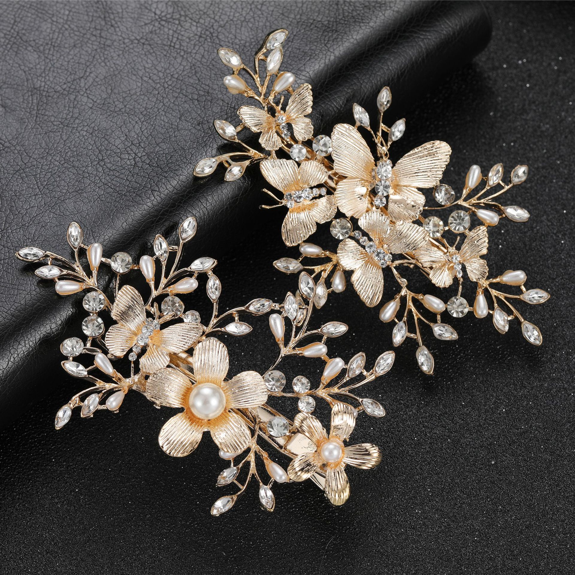 Gold Floral Butterfly Pearl Crystal Bridal Hair Clips Wedding Head Accessories - Image 2
