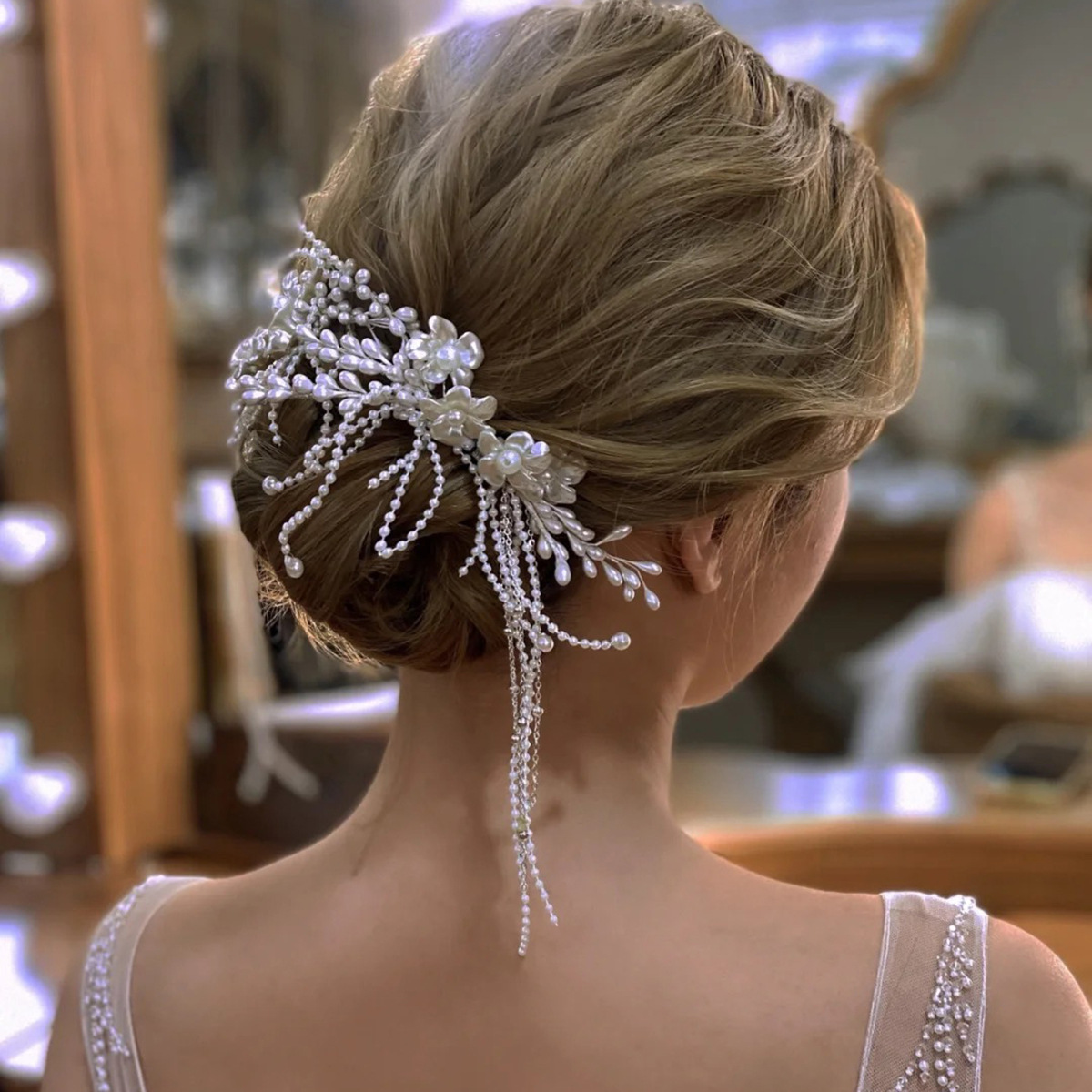 White Floral Pearl Tassel Bridal Hair Clips for Wedding Prom Evening Formal Party Special Occasions - Image 2