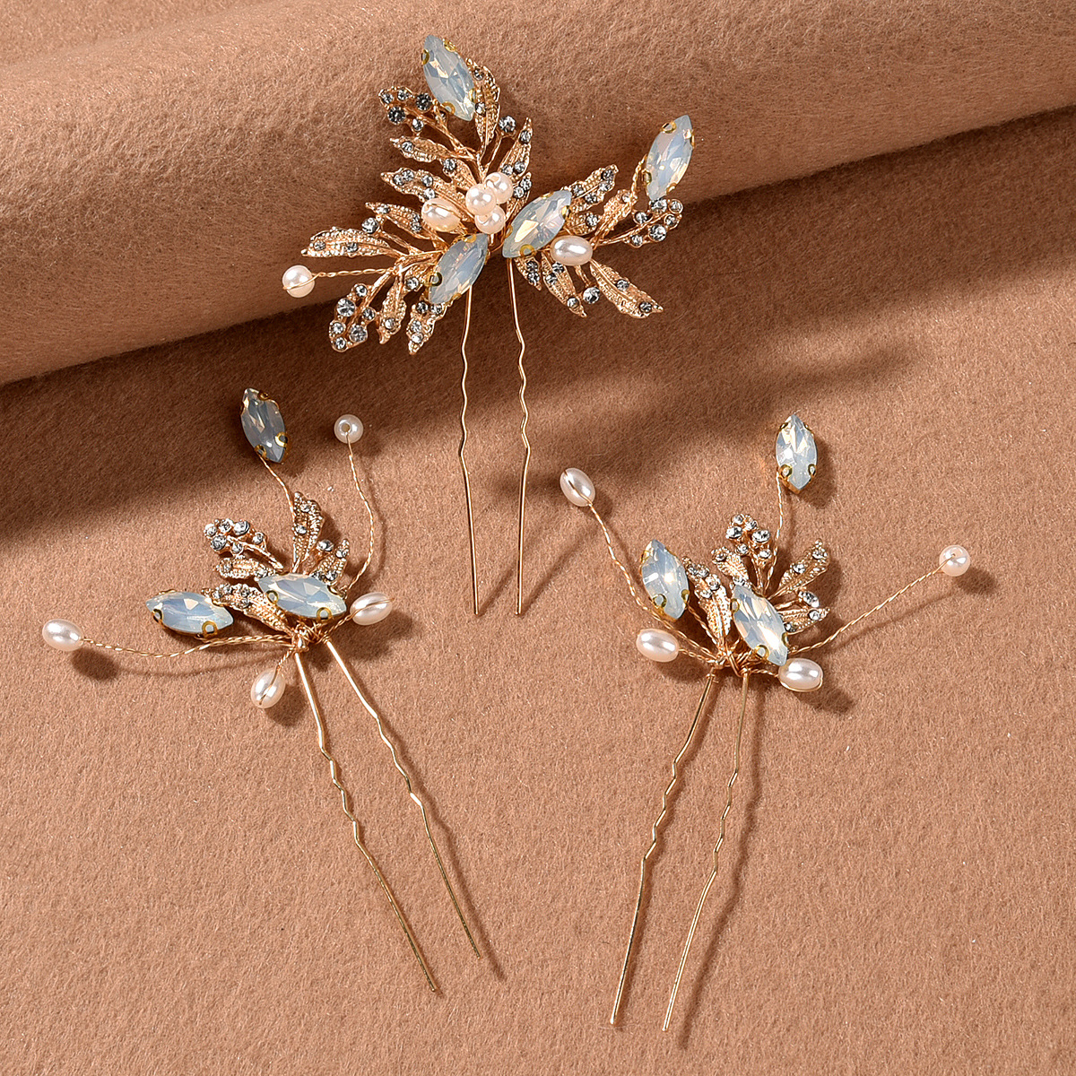 Gold Opal Crystal Pearl Leaf Bridal Hair Pins for Wedding Prom Evening Formal Party Occasions - Image 2